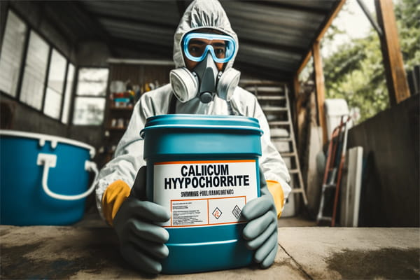 A person wearing protective clothing holding calcium hypochlorite